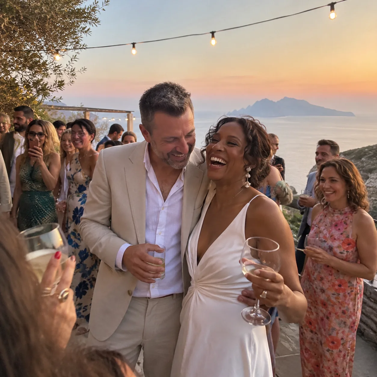 A couple and their guests at a destination wedding abroad