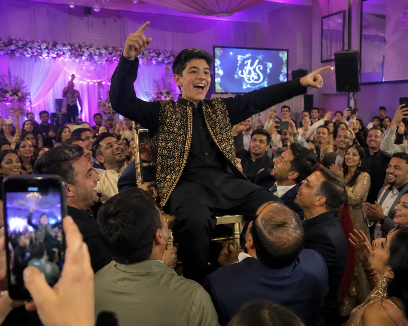 Guests celebrating at an Indian wedding ceremony